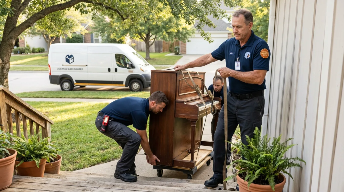 Licensed piano movers securing grand piano in Reynolds, GA