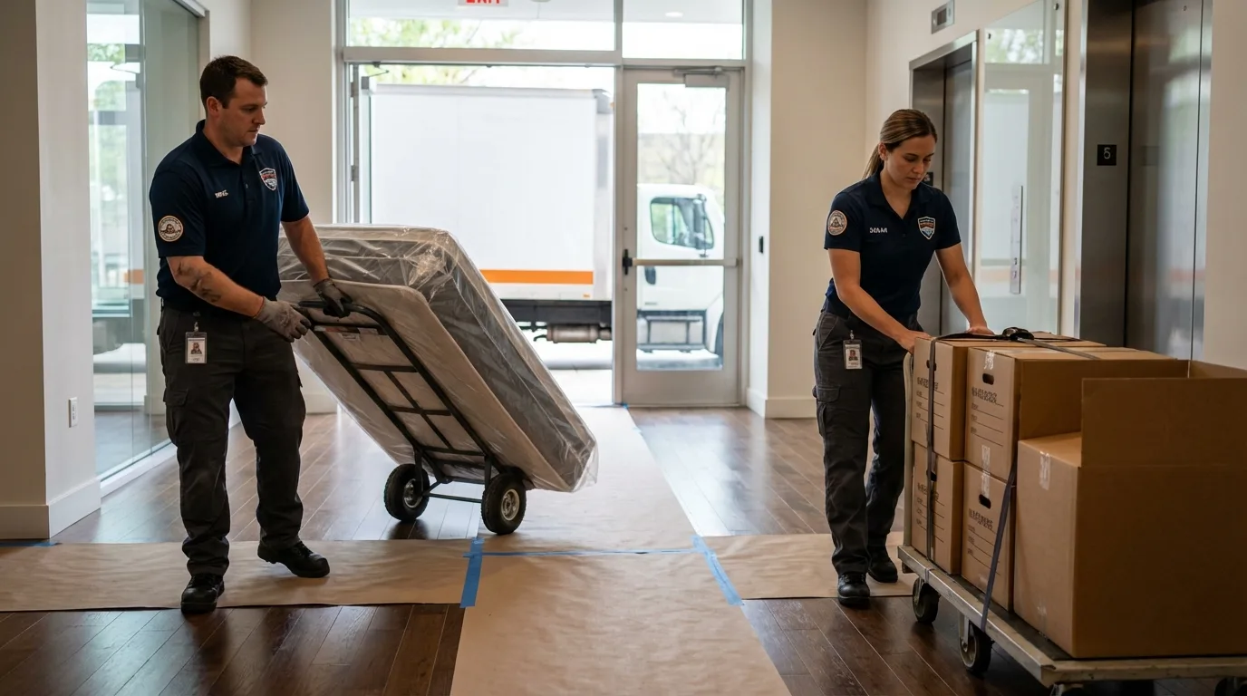 Professional apartment movers loading elevator in Reynolds, GA