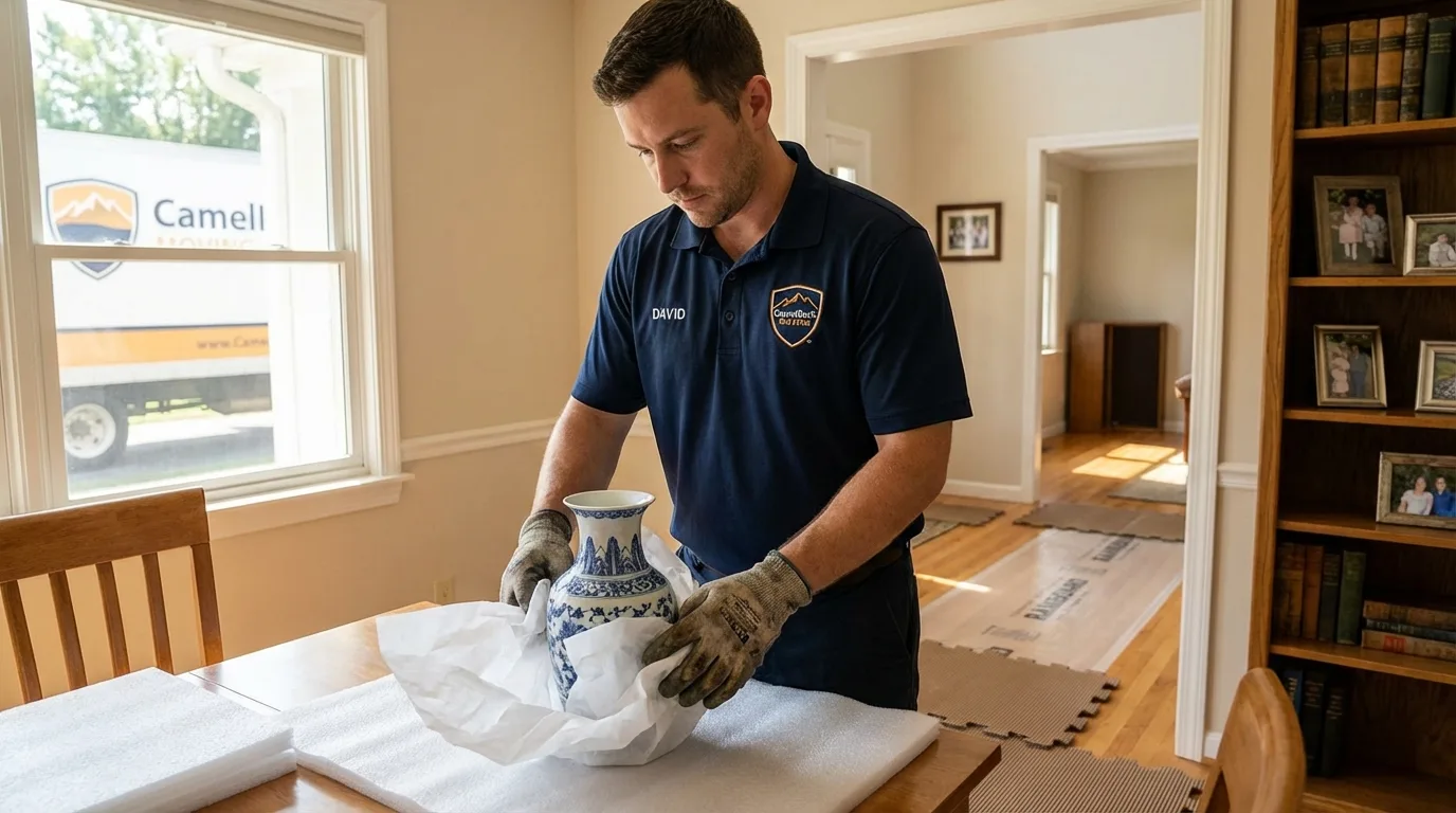 Professional crew carefully wrapping antique vase for senior downsizing move in Reynolds, GA